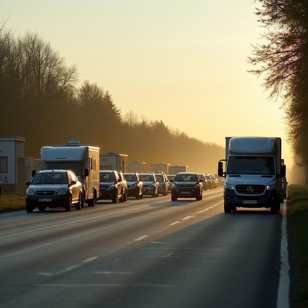 Coloană de vehicule la punctul de trecere a frontierei române