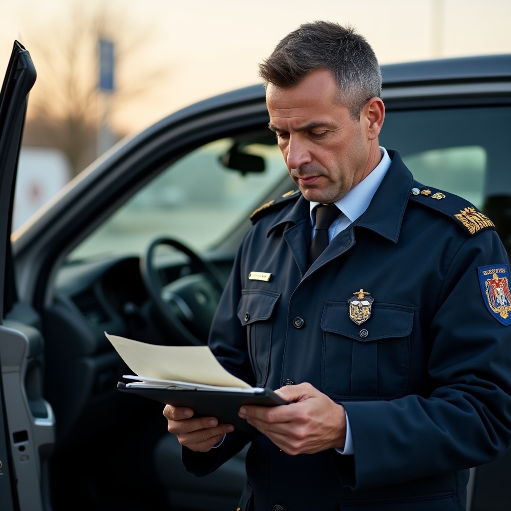 Ofițer vamal în timpul unui control la frontieră