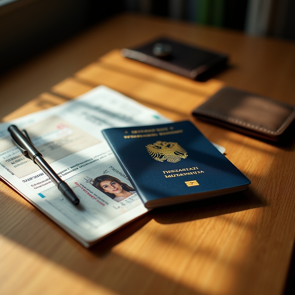 Documente de călătorie pe un birou, pașaport și acte de identitate